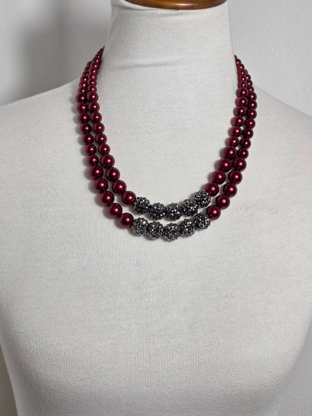 Vintage RMN Double Strand Cherry Red Faux Pearls & Gray/Silver Marcasite Stones